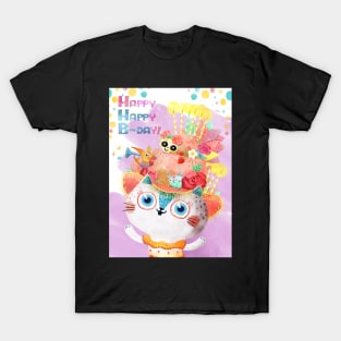 Happy Birthday Card with Cute Cat in Birthday Cake Hat T-Shirt
